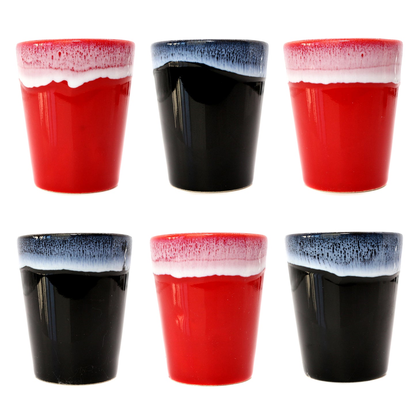 Espressotassen Set (6 x 50ml). Moderne magnetische Espressotassen inkl. Magnetbrett. Größe: 65mm Ø 55 mm, Farbe: Rot/Schwarz Schwarz/Rot