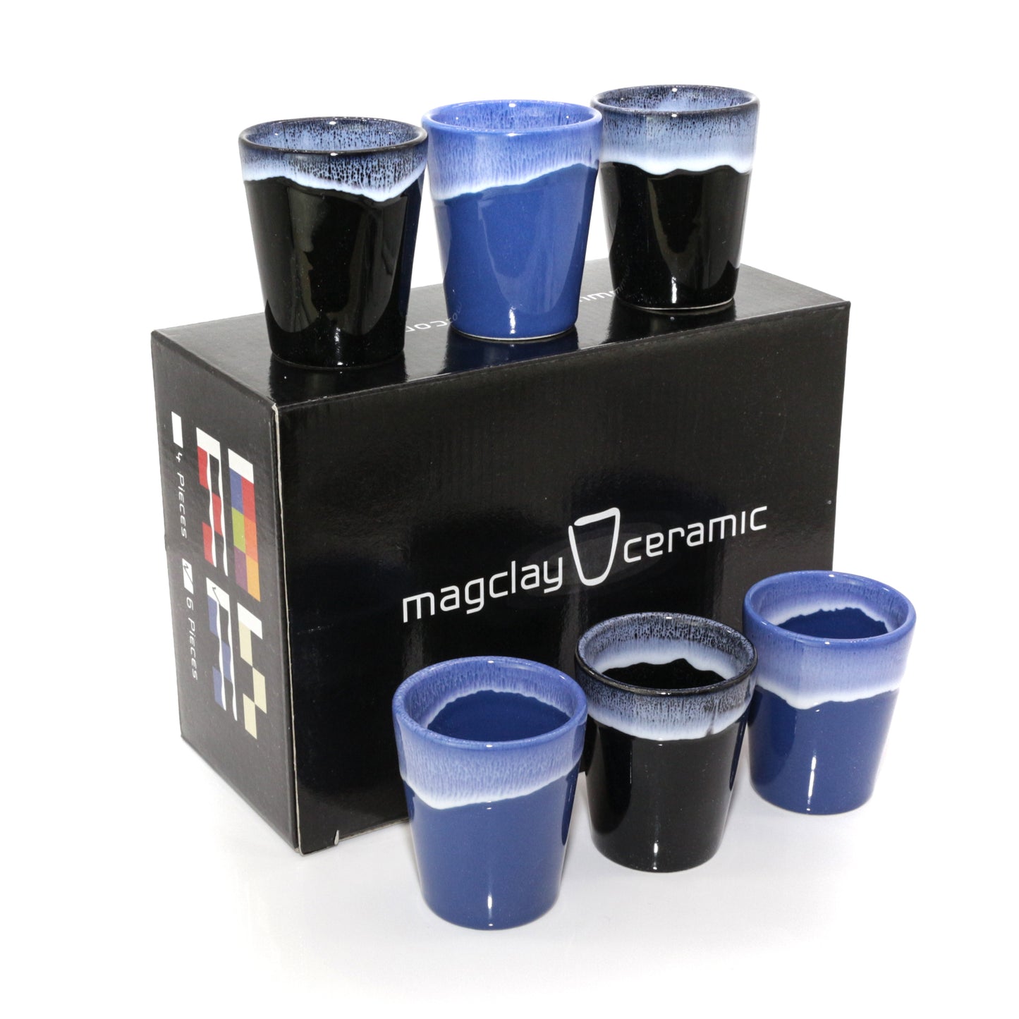 Espressotassen Set (6 x 50ml). Moderne magnetische Espressotassen inkl. Magnetbrett. Größe: 65mm Ø 55 mm, Farbe: Blau/Schwarz