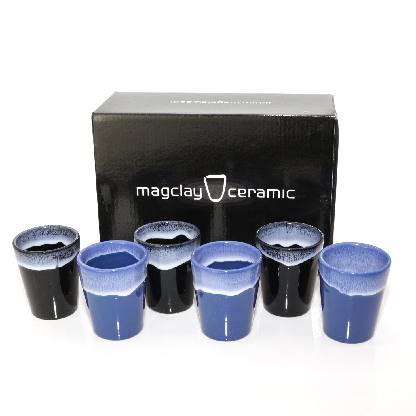 Espressotassen Set (6 x 50ml). Moderne magnetische Espressotassen inkl. Magnetbrett. Größe: 65mm Ø 55 mm, Farbe: Blau/Schwarz