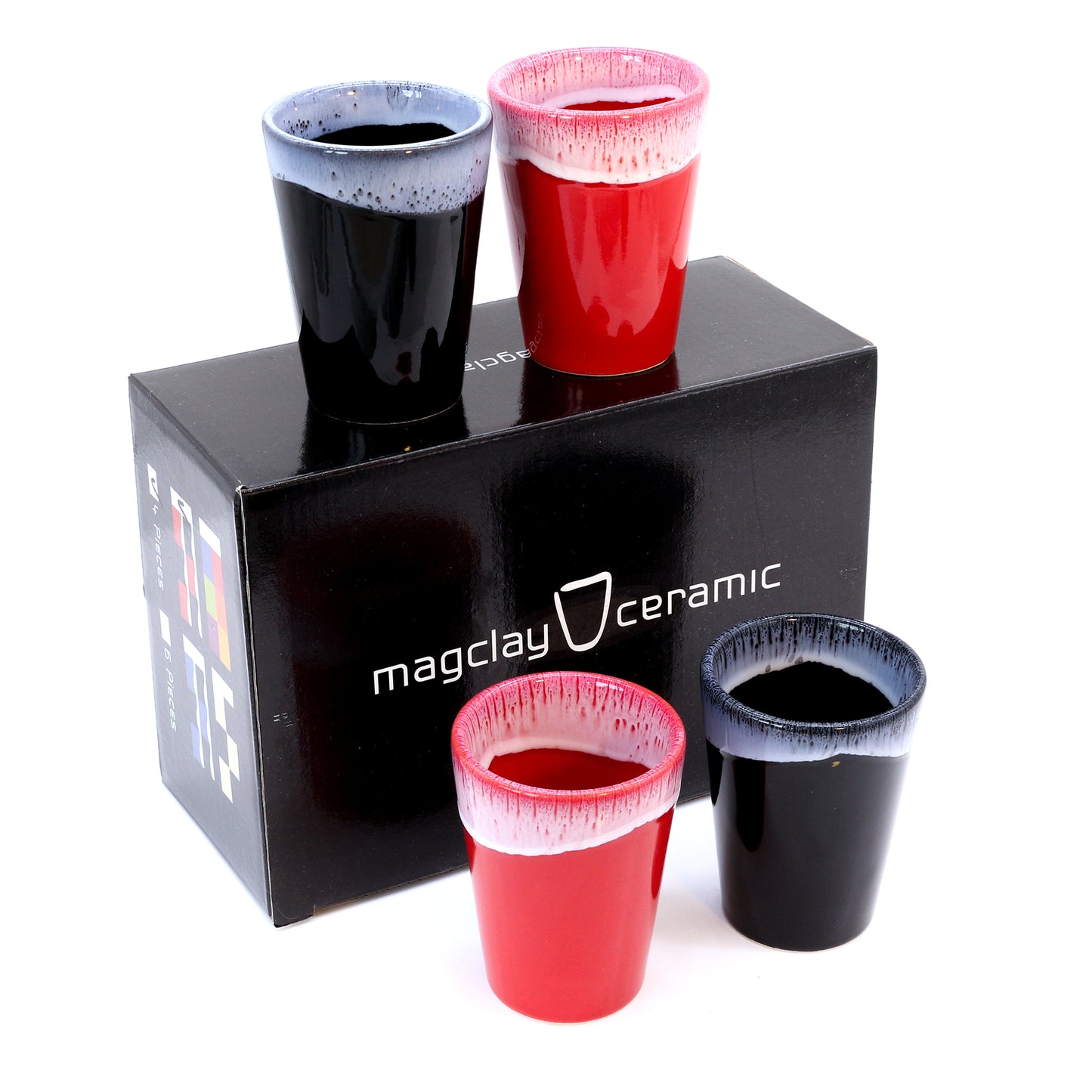 Espressotassen Set (4 x 100ml). Moderne Espressotassen. Größe: 85mm Ø 65 mm, Farbe: Rot/Schwarz